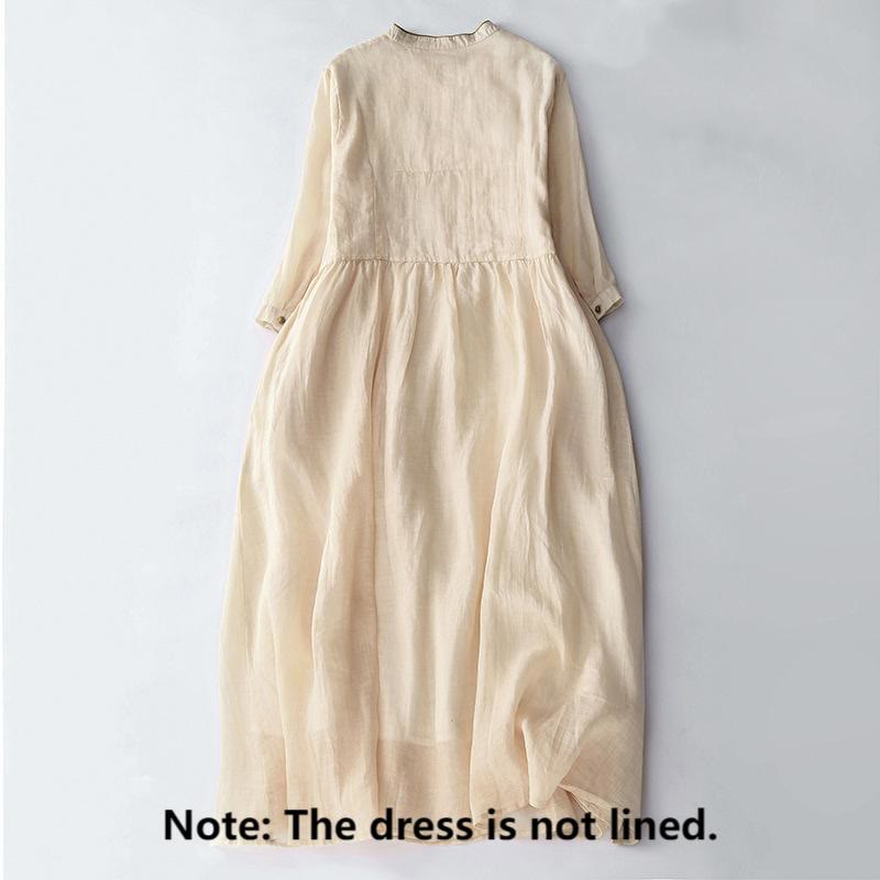 Abito midi in cotone e lino a maniche lunghe con tasche, ricamo di Buddha Stones e bottoni - image 1