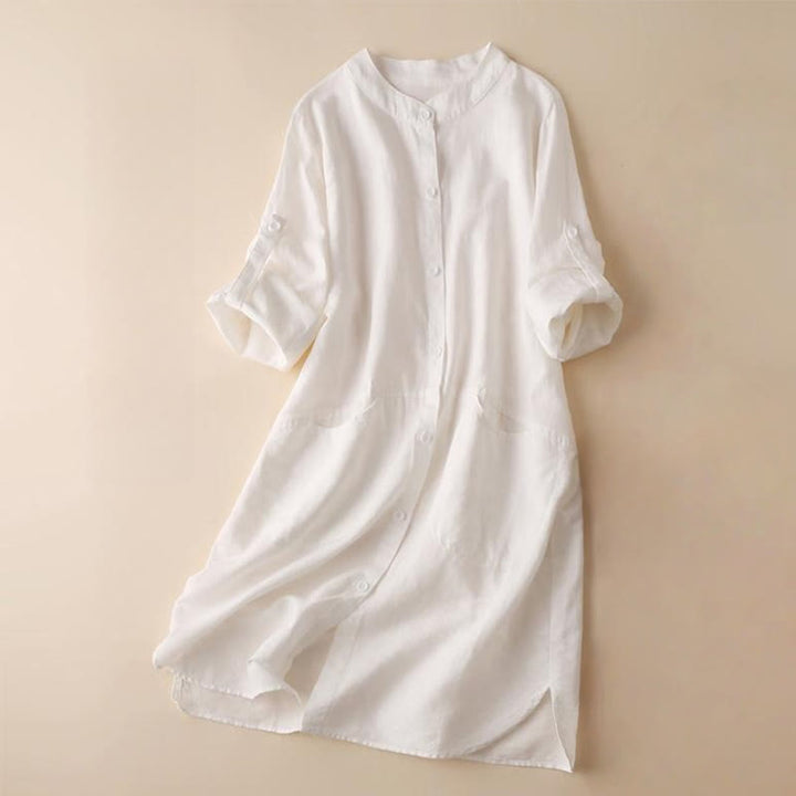 Abito midi in lino e cotone con maniche lunghe, collo alto, tasche e design con bottoni in Buddha Stones - FlorealeBianco - US12, UK/AU16, EU44 (2XL) - image 10