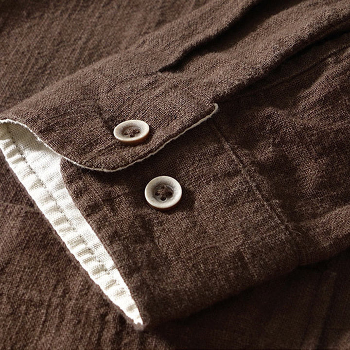 Camicia da uomo in cotone e lino a maniche lunghe con bottoni e tasche, tinta unita, motivo Buddha Stones - image 3