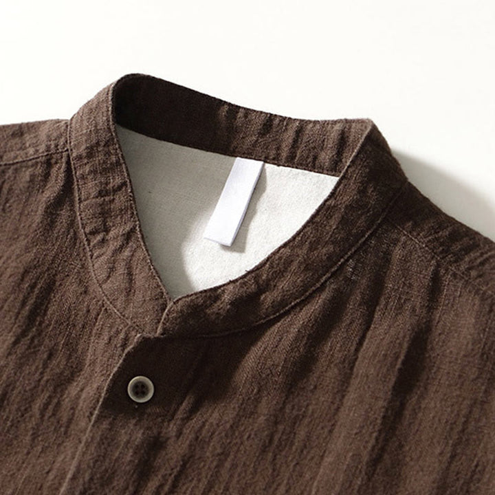 Camicia da uomo in cotone e lino a maniche lunghe con bottoni e tasche, tinta unita, motivo Buddha Stones - image 1