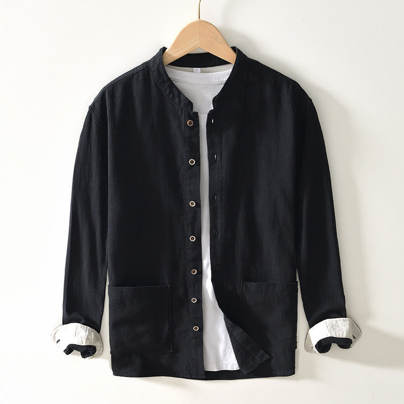 Camicia da uomo in cotone e lino a maniche lunghe con bottoni e tasche, tinta unita, motivo Buddha Stones - Nero - US/UK/AU42, EU52 (3XL) - image 7