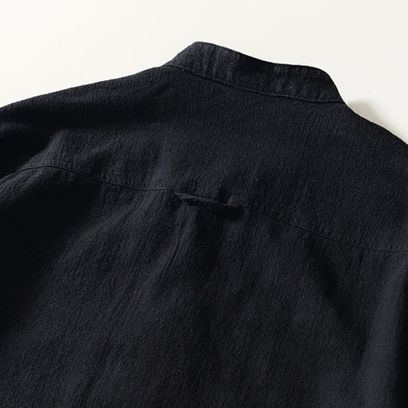 Camicia da uomo in cotone e lino a maniche lunghe con bottoni e tasche, tinta unita, motivo Buddha Stones - image 10