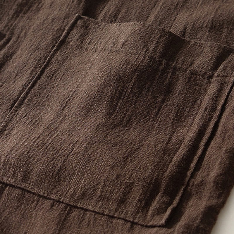 Camicia da uomo in cotone e lino a maniche lunghe con bottoni e tasche, tinta unita, motivo Buddha Stones - image 5