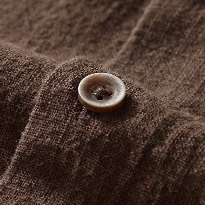 Camicia da uomo in cotone e lino a maniche lunghe con bottoni e tasche, tinta unita, motivo Buddha Stones - image 2