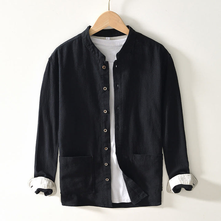 Camicia da uomo in cotone e lino a maniche lunghe con bottoni e tasche, tinta unita, motivo Buddha Stones - Nero - US/UK/AU42, EU52 (3XL) - image 7