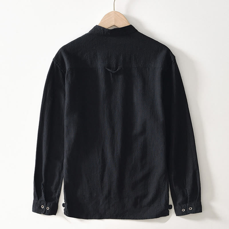 Camicia da uomo in cotone e lino a maniche lunghe con bottoni e tasche, tinta unita, motivo Buddha Stones - image 8