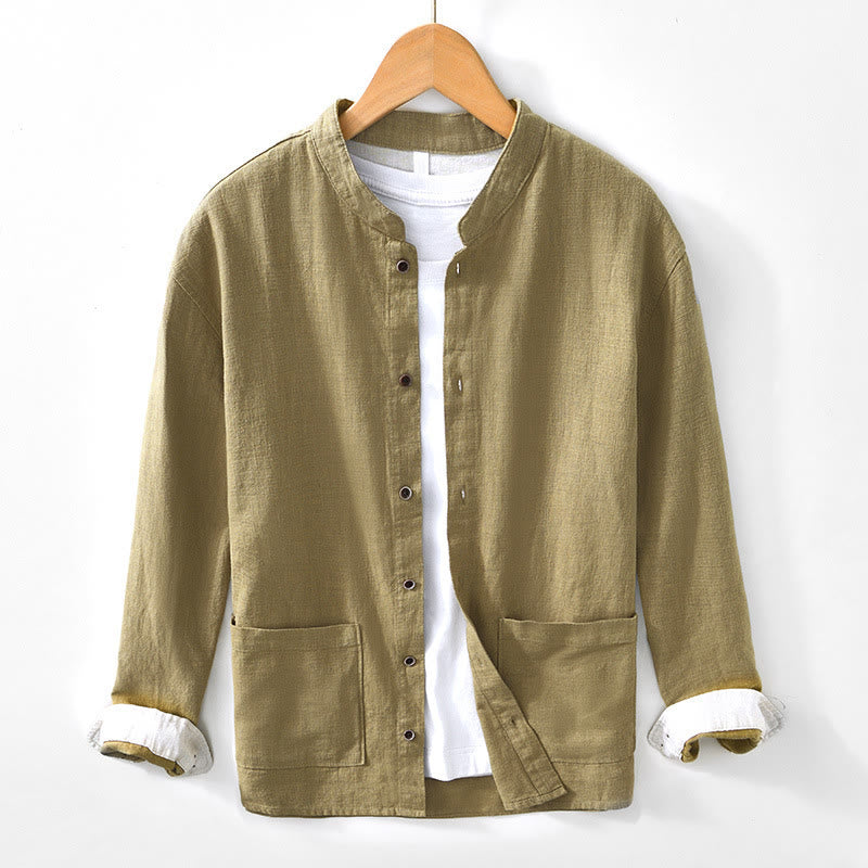 Camicia da uomo in cotone e lino a maniche lunghe con bottoni e tasche, tinta unita, motivo Buddha Stones - image 23