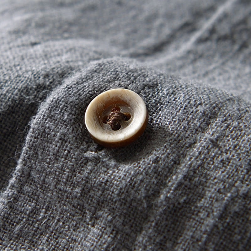 Camicia da uomo in cotone e lino a maniche lunghe con bottoni e tasche, tinta unita, motivo Buddha Stones - image 19