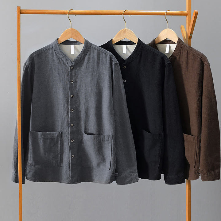 Camicia da uomo in cotone e lino a maniche lunghe con bottoni e tasche, tinta unita, motivo Buddha Stones - image 24