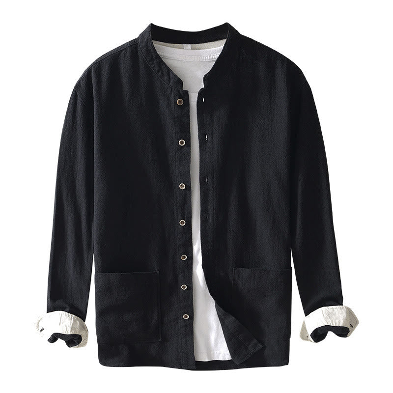 Camicia da uomo in cotone e lino a maniche lunghe con bottoni e tasche, tinta unita, motivo Buddha Stones - image 15