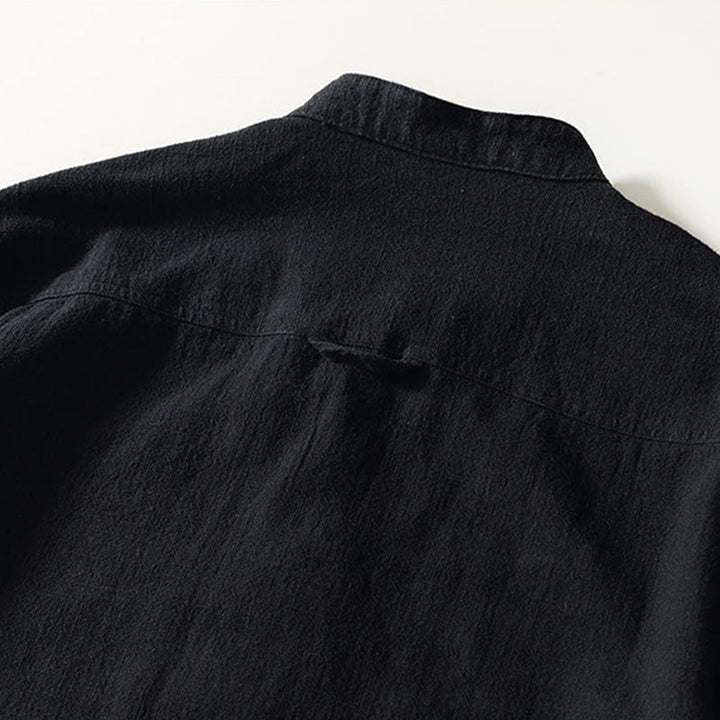 Camicia da uomo in cotone e lino a maniche lunghe con bottoni e tasche, tinta unita, motivo Buddha Stones - image 10