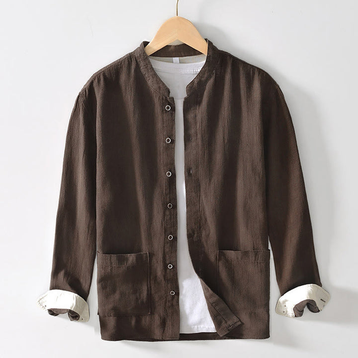 Camicia da uomo in cotone e lino a maniche lunghe con bottoni e tasche, tinta unita, motivo Buddha Stones - Marrone sella - US/UK/AU42, EU52 (3XL) - image 0