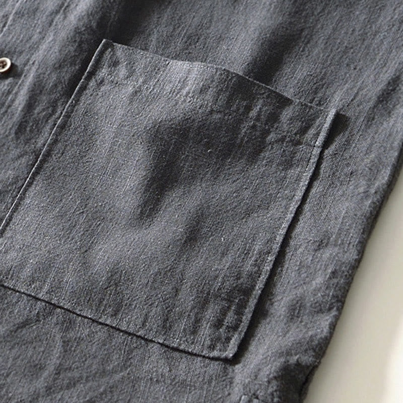 Camicia da uomo in cotone e lino a maniche lunghe con bottoni e tasche, tinta unita, motivo Buddha Stones - image 22