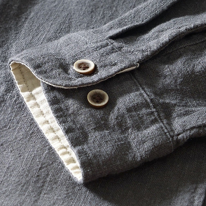 Camicia da uomo in cotone e lino a maniche lunghe con bottoni e tasche, tinta unita, motivo Buddha Stones - image 20