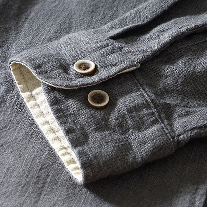 Camicia da uomo in cotone e lino a maniche lunghe con bottoni e tasche, tinta unita, motivo Buddha Stones - image 20