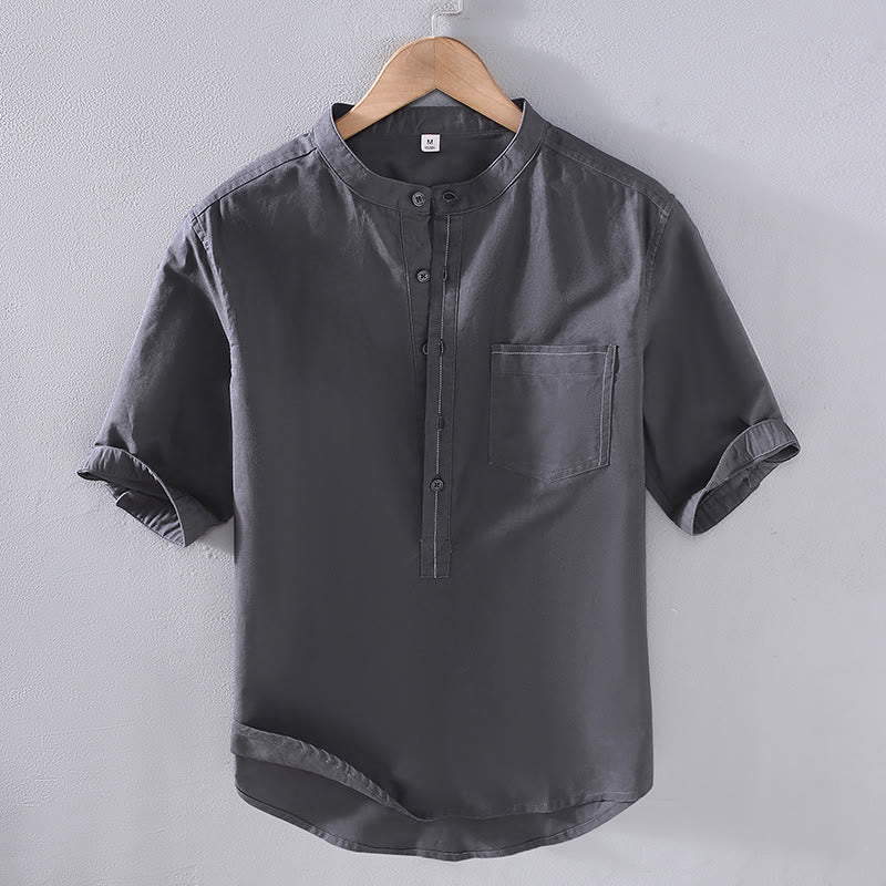 Camicia da uomo in lino a maniche corte con colletto alto, colore puro, con tasche e bottoni a metà, motivo Buddha Stones Spring - Grigio ardesia - US/UK/AU42, EU52 (3XL) - image 0