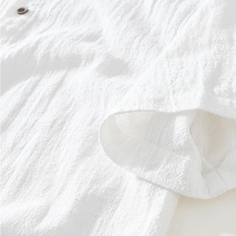 Camicia da uomo in cotone e lino a maniche corte con tasche, modello Buddha Stones, bottoni casual, colletto alto - image 9