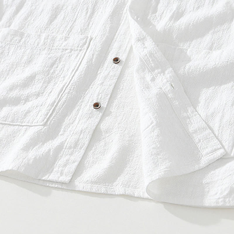 Camicia da uomo in cotone e lino a maniche corte con tasche, modello Buddha Stones, bottoni casual, colletto alto - image 10