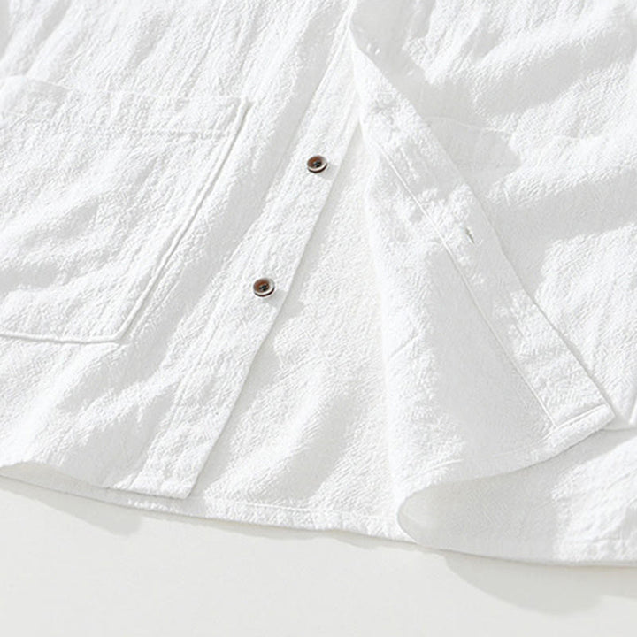 Camicia da uomo in cotone e lino a maniche corte con tasche, modello Buddha Stones, bottoni casual, colletto alto - image 10