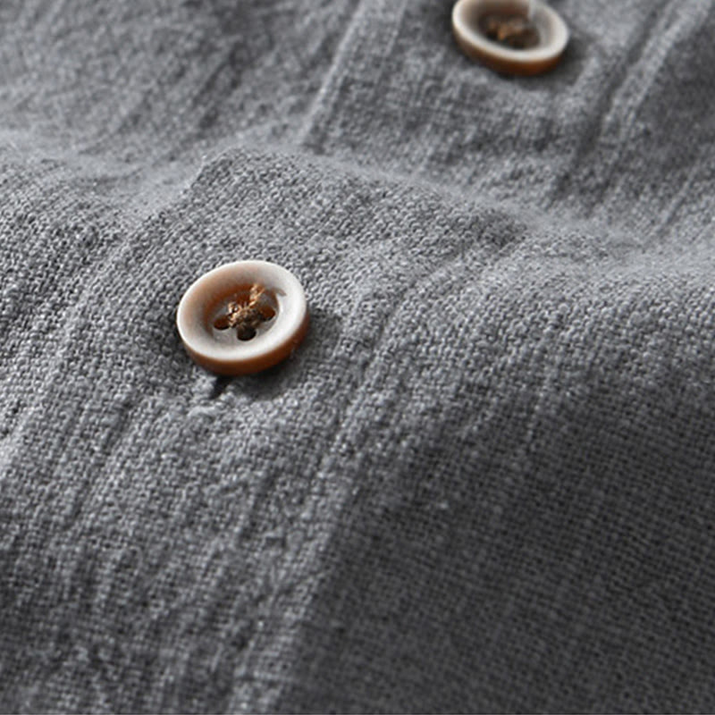 Camicia da uomo in cotone e lino a maniche corte con tasche, modello Buddha Stones, bottoni casual, colletto alto - image 2