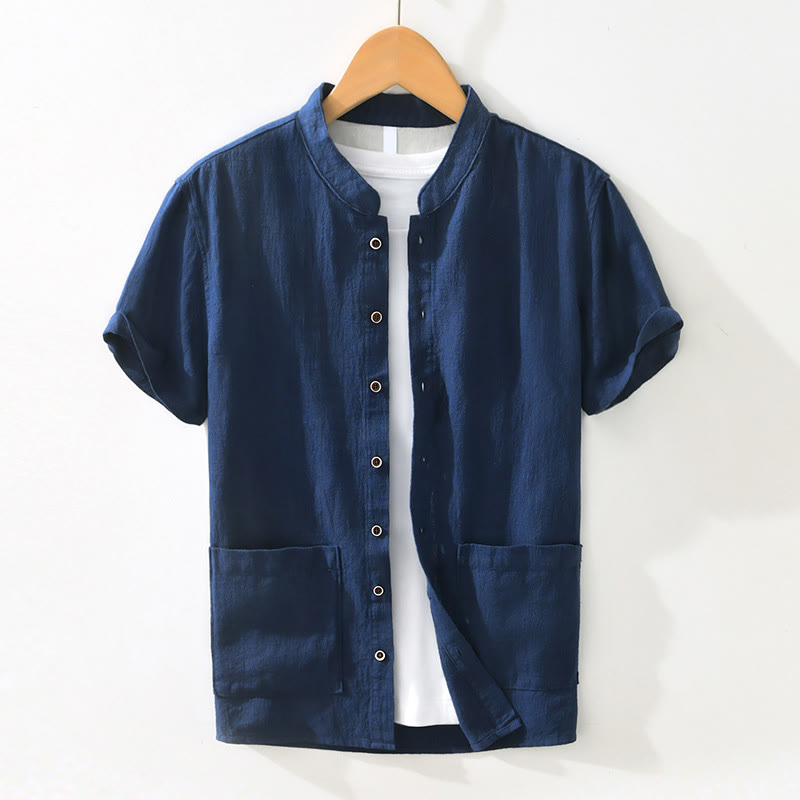 Camicia da uomo in cotone e lino a maniche corte con tasche, modello Buddha Stones, bottoni casual, colletto alto - Blu scuro - US/UK/AU42, EU52 (3XL) - image 13