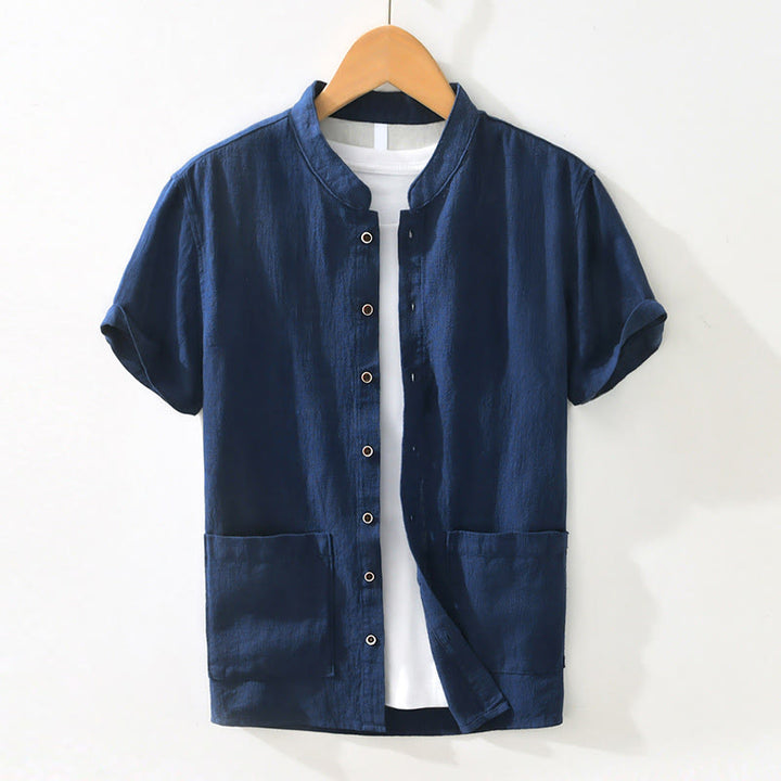 Camicia da uomo in cotone e lino a maniche corte con tasche, modello Buddha Stones, bottoni casual, colletto alto - Blu scuro - US/UK/AU42, EU52 (3XL) - image 13