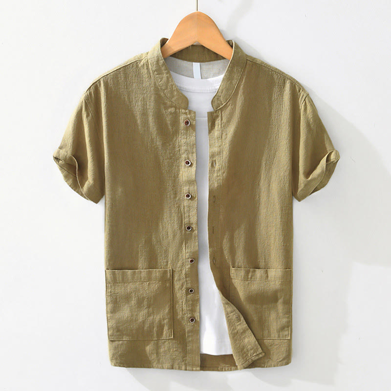 Camicia da uomo in cotone e lino a maniche corte con tasche, modello Buddha Stones, bottoni casual, colletto alto - GialloVerde - US/UK/AU42, EU52 (3XL) - image 12