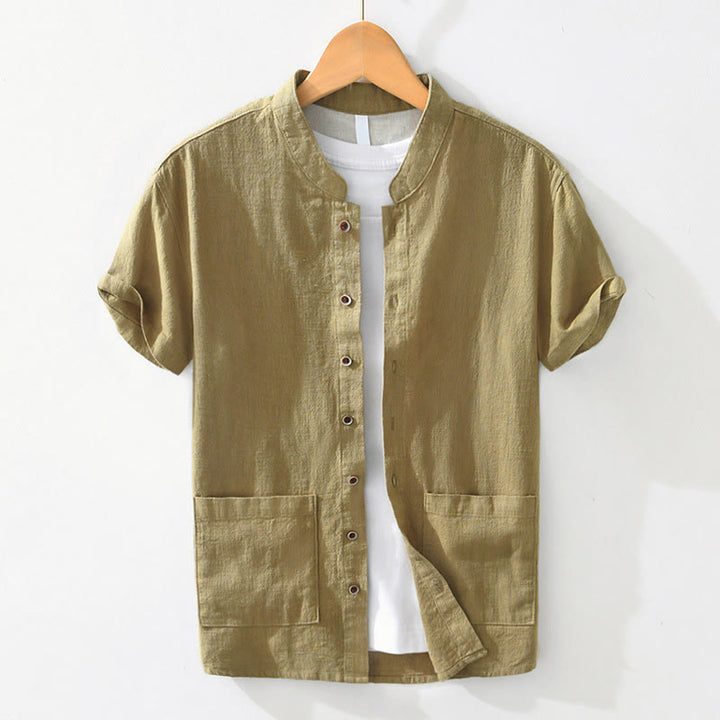 Camicia da uomo in cotone e lino a maniche corte con tasche, modello Buddha Stones, bottoni casual, colletto alto - GialloVerde - US/UK/AU42, EU52 (3XL) - image 12