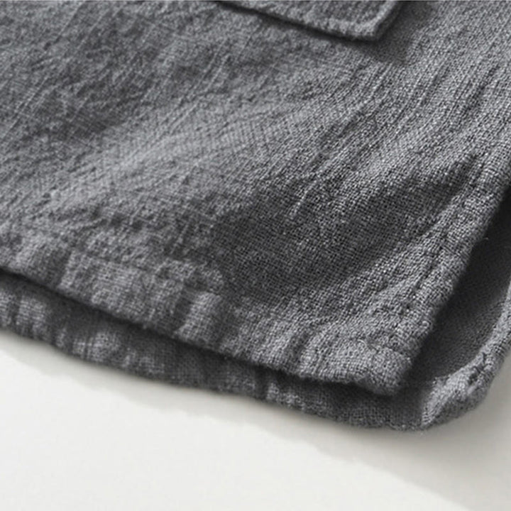 Camicia da uomo in cotone e lino a maniche corte con tasche, modello Buddha Stones, bottoni casual, colletto alto - image 5