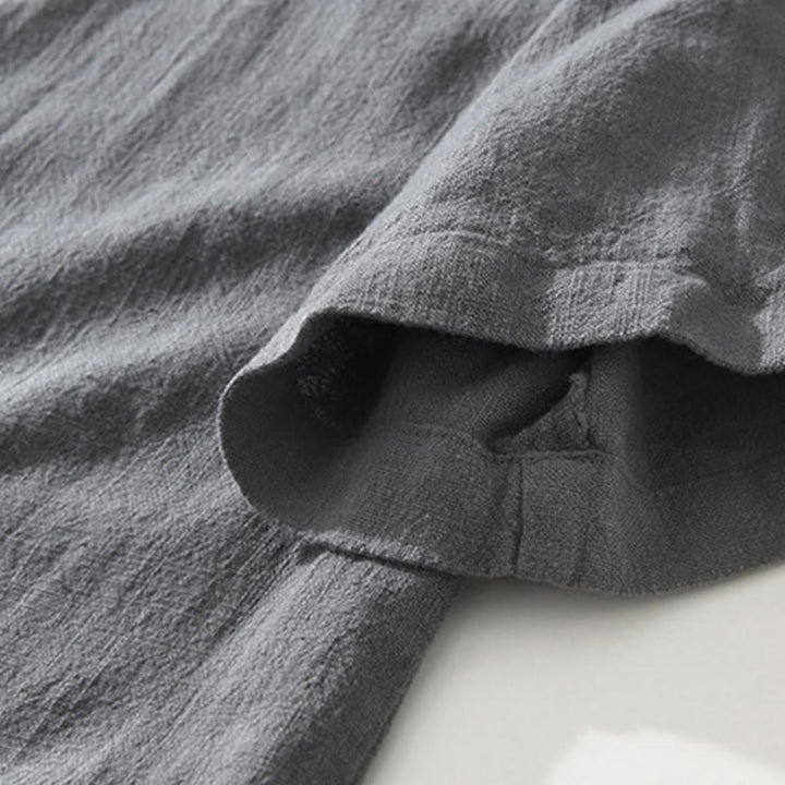 Camicia da uomo in cotone e lino a maniche corte con tasche, modello Buddha Stones, bottoni casual, colletto alto - image 4