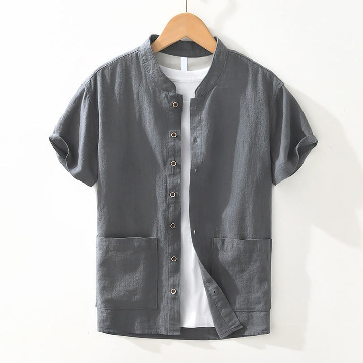 Camicia da uomo in cotone e lino a maniche corte con tasche, modello Buddha Stones, bottoni casual, colletto alto - Grigio ardesia - US/UK/AU42, EU52 (3XL) - image 0