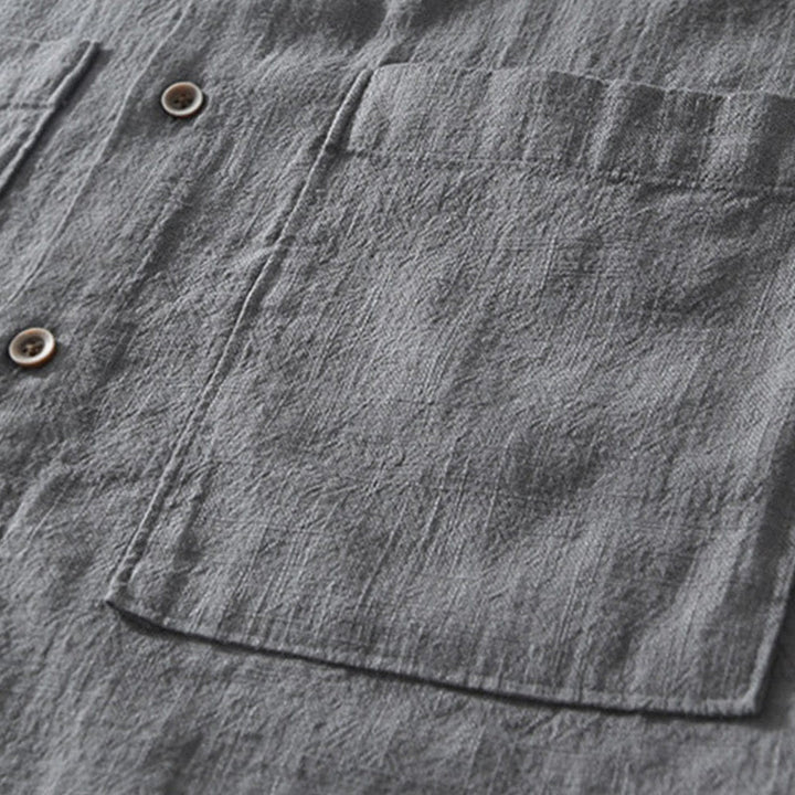 Camicia da uomo in cotone e lino a maniche corte con tasche, modello Buddha Stones, bottoni casual, colletto alto - image 3