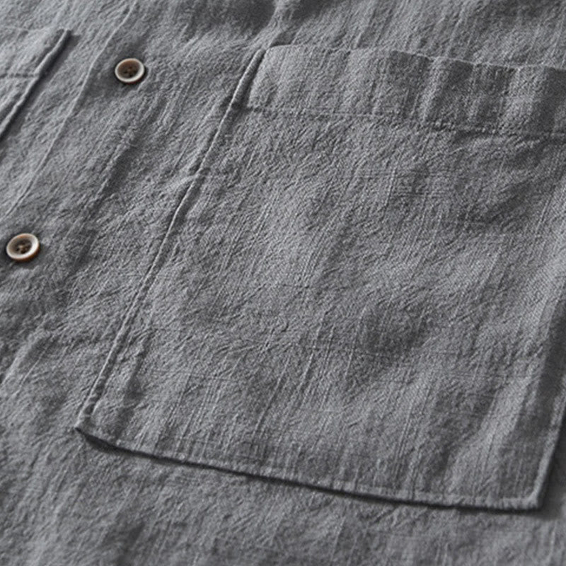 Camicia da uomo in cotone e lino a maniche corte con tasche, modello Buddha Stones, bottoni casual, colletto alto - image 3