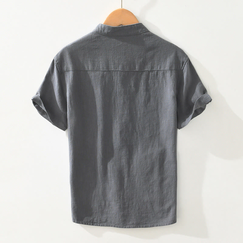 Camicia da uomo in cotone e lino a maniche corte con tasche, modello Buddha Stones, bottoni casual, colletto alto - image 1