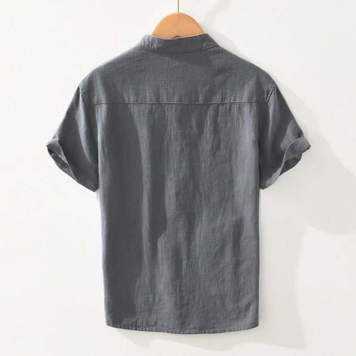 Camicia da uomo in cotone e lino a maniche corte con tasche, modello Buddha Stones, bottoni casual, colletto alto - image 1