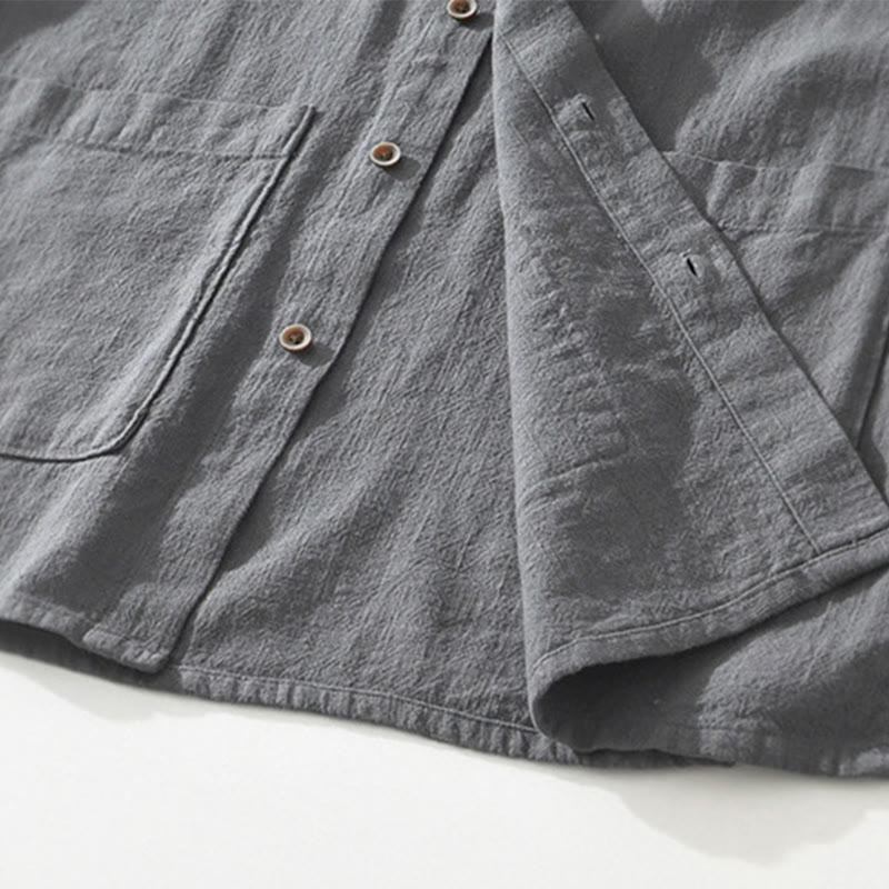 Camicia da uomo in cotone e lino a maniche corte con tasche, modello Buddha Stones, bottoni casual, colletto alto - image 6