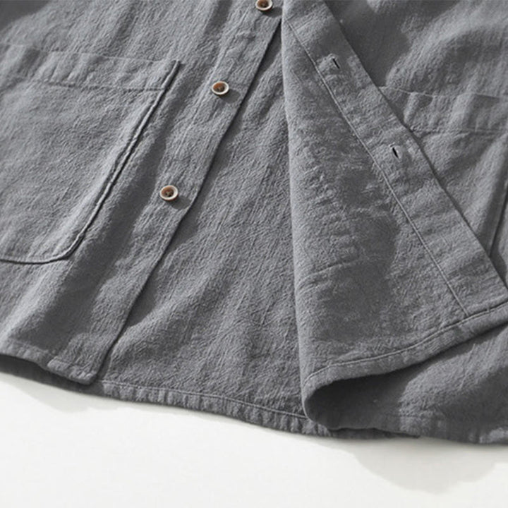 Camicia da uomo in cotone e lino a maniche corte con tasche, modello Buddha Stones, bottoni casual, colletto alto - image 6