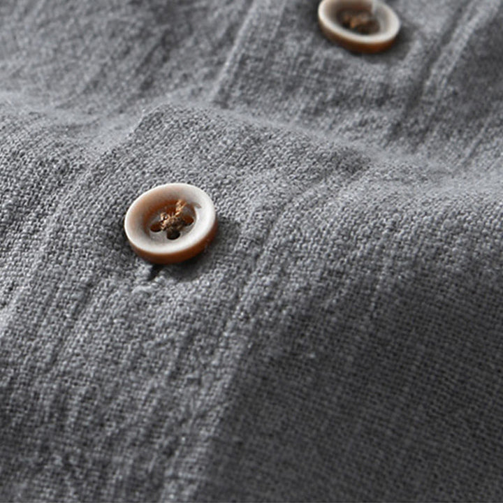 Camicia da uomo in cotone e lino a maniche corte con tasche, modello Buddha Stones, bottoni casual, colletto alto - image 2