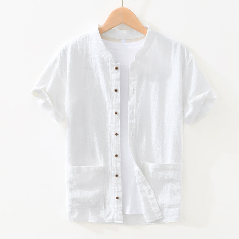 Camicia da uomo in cotone e lino a maniche corte con tasche, modello Buddha Stones, bottoni casual, colletto alto - Bianco - US/UK/AU42, EU52 (3XL) - image 7