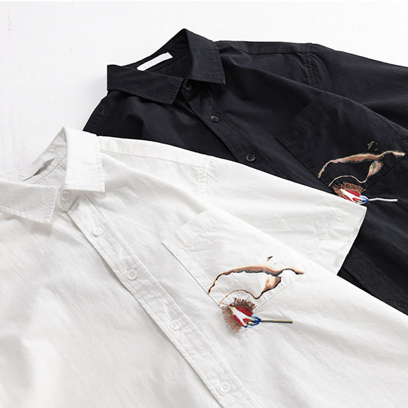 Camicia da uomo in cotone a maniche corte con ricamo Buddha Stones e motivo a fiamma abbinata, con tasca - image 14