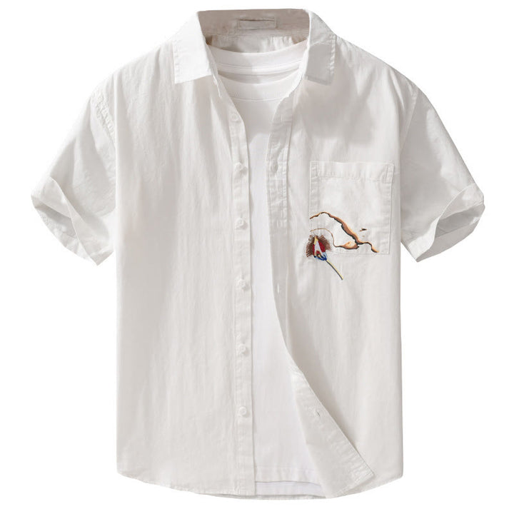 Camicia da uomo in cotone a maniche corte con ricamo Buddha Stones e motivo a fiamma abbinata, con tasca - image 9