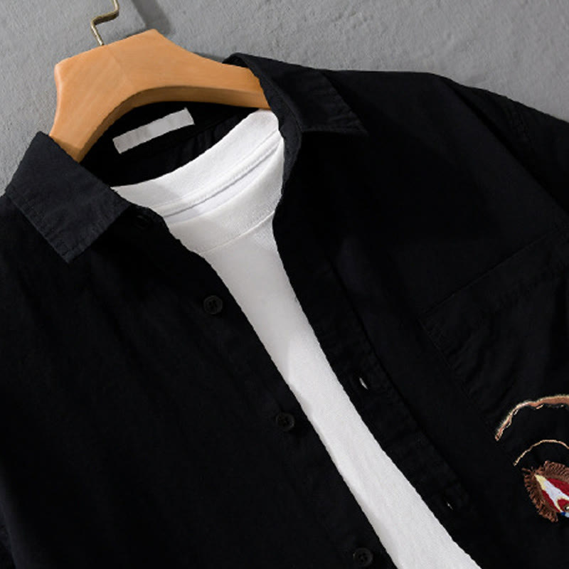Camicia da uomo in cotone a maniche corte con ricamo Buddha Stones e motivo a fiamma abbinata, con tasca - image 11