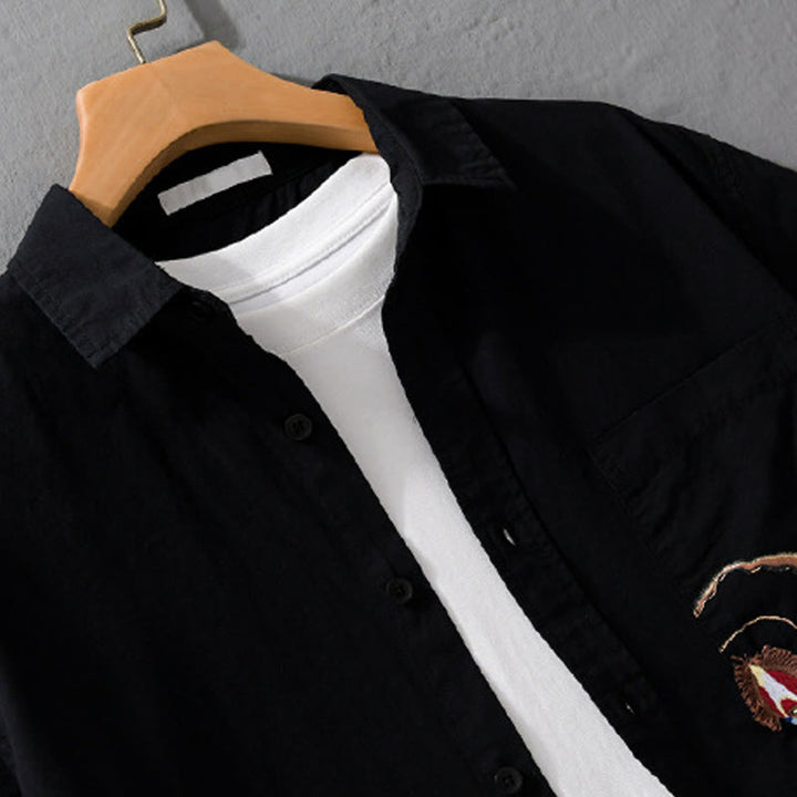 Camicia da uomo in cotone a maniche corte con ricamo Buddha Stones e motivo a fiamma abbinata, con tasca - image 11