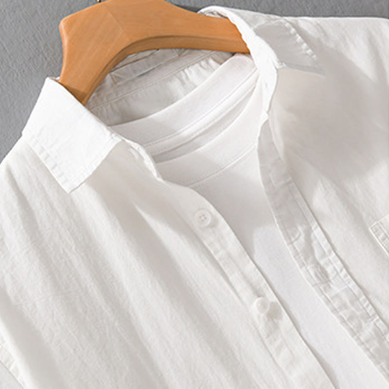 Camicia da uomo in cotone a maniche corte con ricamo Buddha Stones e motivo a fiamma abbinata, con tasca - image 3