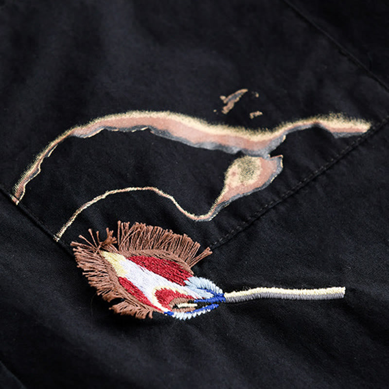 Camicia da uomo in cotone a maniche corte con ricamo Buddha Stones e motivo a fiamma abbinata, con tasca - image 13
