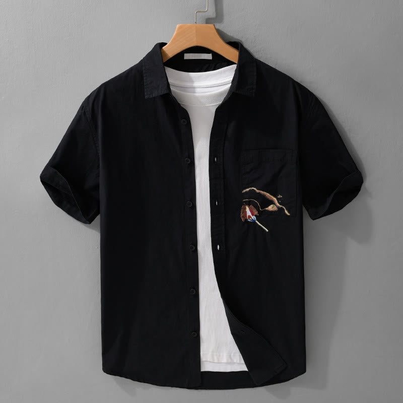 Camicia da uomo in cotone a maniche corte con ricamo Buddha Stones e motivo a fiamma abbinata, con tasca - Nero - US/UK/AU42, EU52 (3XL) - image 10