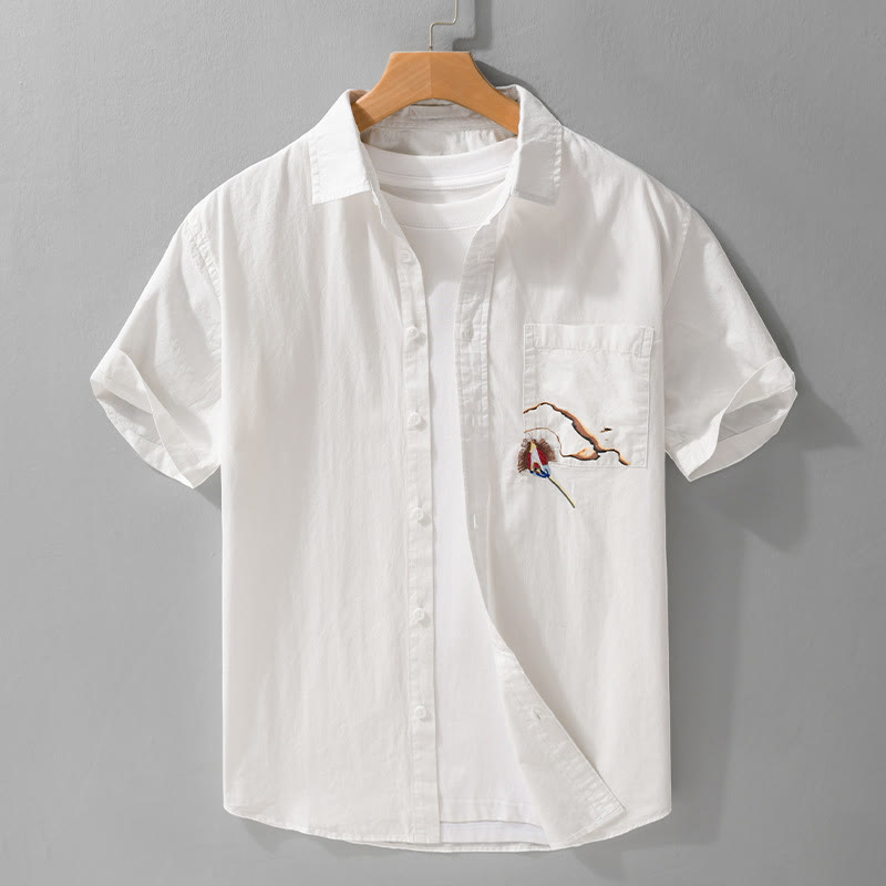 Camicia da uomo in cotone a maniche corte con ricamo Buddha Stones e motivo a fiamma abbinata, con tasca - Bianco - US/UK/AU42, EU52 (3XL) - image 1
