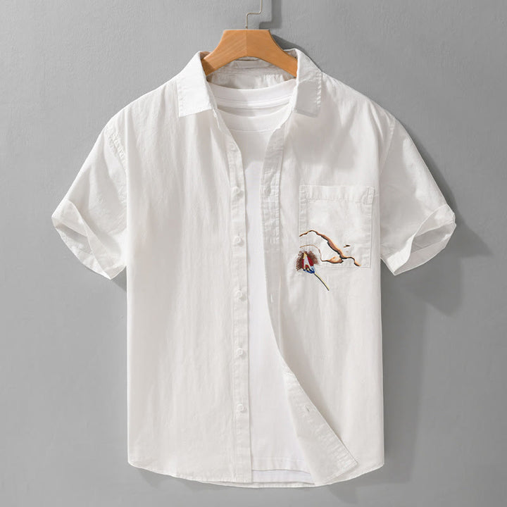 Camicia da uomo in cotone a maniche corte con ricamo Buddha Stones e motivo a fiamma abbinata, con tasca - Bianco - US/UK/AU42, EU52 (3XL) - image 1