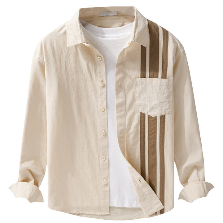 Camicia da uomo in cotone a maniche lunghe con risvolto autunnale, motivo patchwork a contrasto di colore, con tasca e Buddha Stones - image 7