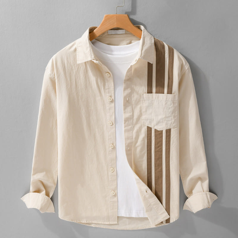 Camicia da uomo in cotone a maniche lunghe con risvolto autunnale, motivo patchwork a contrasto di colore, con tasca e Buddha Stones - Beige - US/UK/AU42, EU52 (3XL) - image 1
